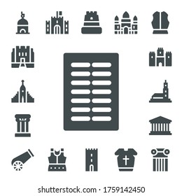 historical icon set. 17 filled historical icons. Included Tower, Medieval, Hallgrimskirkja, Columns, Column, Castle, Hassan mosque, Pantheon, Cannon, Armour, Angkor wat icons