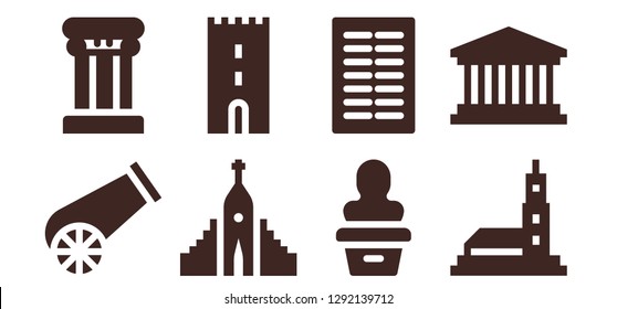  historical icon set. 8 filled historical icons. Simple modern icons about  - Cannon, Column, Hallgrimskirkja, Tower, Statue, Columns, Hassan mosque, Pantheon