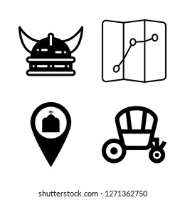 historical icon set about viking, church pin, carriage and map vector set