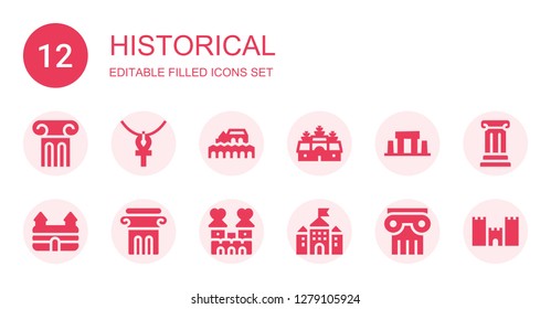 historical icon set. Collection of 12 filled historical icons included Column, Ankh, Cordoba, Angkor wat, Stonehenge, Castle, Medieval walls