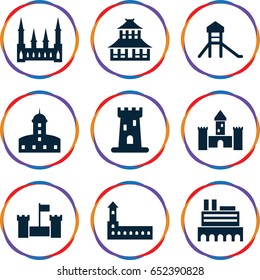 Historical icons set. set of 9 historical filled icons such as castle