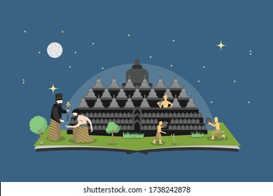 historical illustration of the construction of the Borobudur temple. The biggest temple in the world in Indonesia