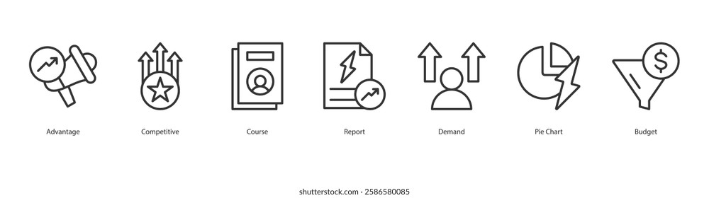 Historical Influence Icon Sheet Advantage, Competitive, Course, Report, Demand, Pie Chart, Budget