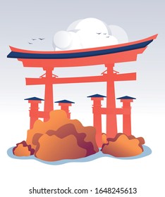 Historical Landmark Cartoon. Flat Vintage Architecture. Japanese Building Object. Traditional Culture. Natural Scene with Skyline, Clouds and Bushes. Travel Attraction and History. Vector Illustration
