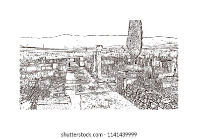 Historical landmark of Volubilis City in Morocco. Hand drawn sketch illustration in vector.