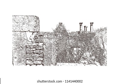 Historical landmark of Volubilis City in Morocco. Hand drawn sketch illustration in vector.