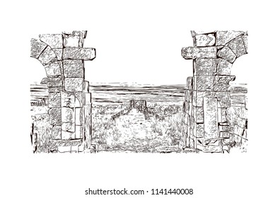 Historical landmark of Volubilis City in Morocco. Hand drawn sketch illustration in vector.