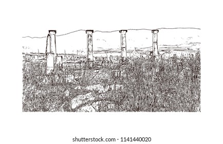 Historical landmark of Volubilis City in Morocco. Hand drawn sketch illustration in vector.
