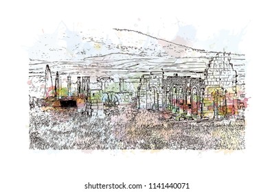 Historical landmark of Volubilis City in Morocco. Watercolor splash with Hand drawn sketch illustration in vector.