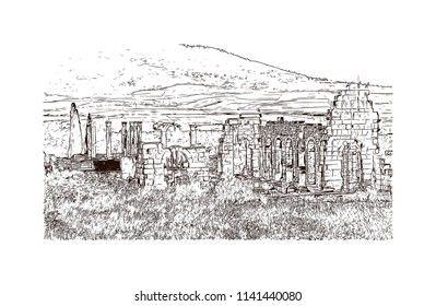 Historical landmark of Volubilis City in Morocco. Hand drawn sketch illustration in vector.