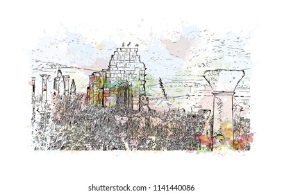 Historical landmark of Volubilis City in Morocco. Watercolor splash with Hand drawn sketch illustration in vector.