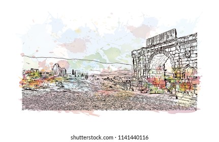 Historical landmark of Volubilis City in Morocco. Watercolor splash with Hand drawn sketch illustration in vector.