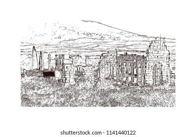 Historical landmark of Volubilis City in Morocco. Hand drawn sketch illustration in vector.