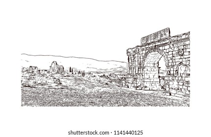 Historical landmark of Volubilis City in Morocco. Hand drawn sketch illustration in vector.