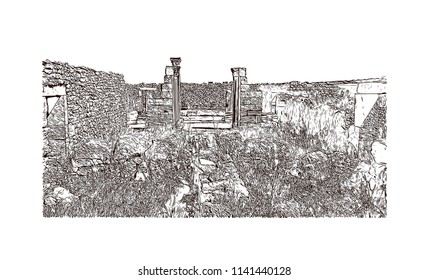 Historical landmark of Volubilis City in Morocco. Hand drawn sketch illustration in vector.