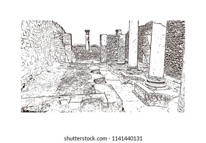 Historical landmark of Volubilis City in Morocco. Hand drawn sketch illustration in vector.
