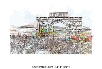 Historical landmark of Volubilis City in Morocco. Watercolor splash with Hand drawn sketch illustration in vector.