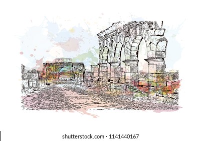 Historical landmark of Volubilis City in Morocco. Watercolor splash with Hand drawn sketch illustration in vector.