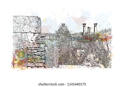 Historical landmark of Volubilis City in Morocco. Watercolor splash with Hand drawn sketch illustration in vector.