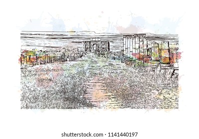 Historical landmark of Volubilis City in Morocco. Watercolor splash with Hand drawn sketch illustration in vector.
