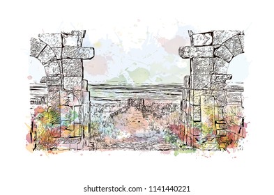 Historical landmark of Volubilis City in Morocco. Watercolor splash with Hand drawn sketch illustration in vector.