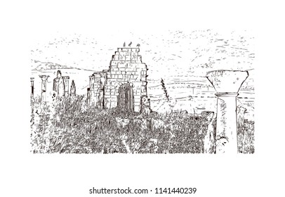 Historical landmark of Volubilis City in Morocco. Hand drawn sketch illustration in vector.