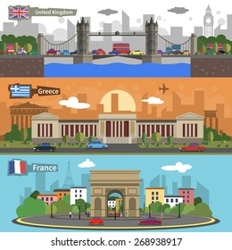 Historical landmarks famous skylines of paris london and athens horizontal banners set flat abstract isolated vector illustration