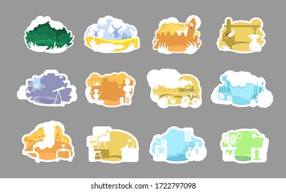 Historical landscapes 2D vector web banner, poster set. Industrial scene and wood forest. Urban and nature flat sceneries on cartoon background. Empty spaces printable patches, colorful web elements