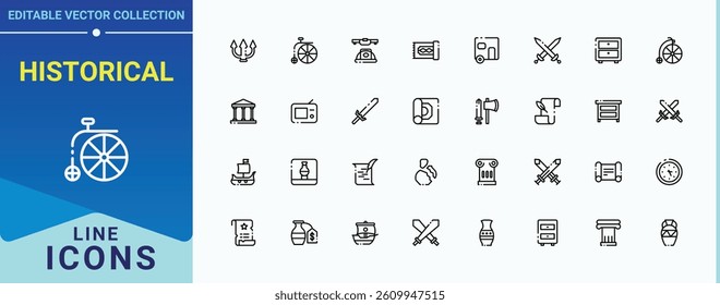 Historical line icon. Contain linear symbols exhibition, antiquity, art, old, archaeologic, heritage and more. Antiques modern icon. Minimalist icons collection. Editable stroke. Pixel Perfect.