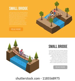 Historical little bridges features 2 isometric horizontal banners web page design with different wooden constructions vector illustration   