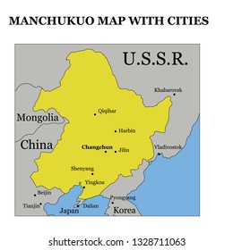 historical map of Manchukuo on the territory of modern China State of Manchuria during world war II with neighbouring countries and major cities vector illustration
