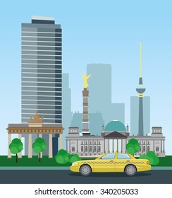 Historical and modern buildings of Berlin. Taxi on city background. Vector illustration.