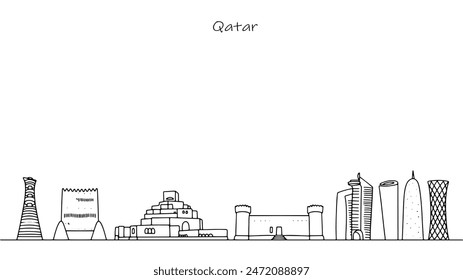 Historische und moderne Gebäude von Katar. Alte Festungen und moderne Wolkenkratzer. Gebäude, die Touristen anziehen. Einfache Vektorillustration auf weißem Hintergrund.