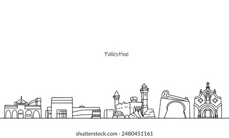 Historical and modern cultural attractions of Palestine. A hand-drawn panorama of the streets of an Asian state. Vector illustration.