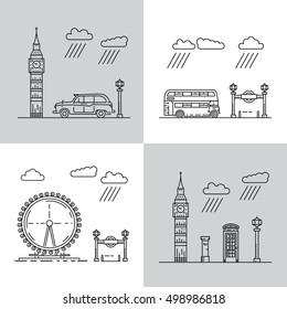 Historical and modern symbols of London and British culture. Vector outline illustration for book cover or card