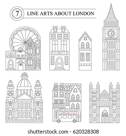 Historical and modern symbols of London and British culture.The set of buildings, tower bridge, big ben and London eye. Line style.