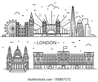 Historical and modern symbols of London and British culture.The set of buildings