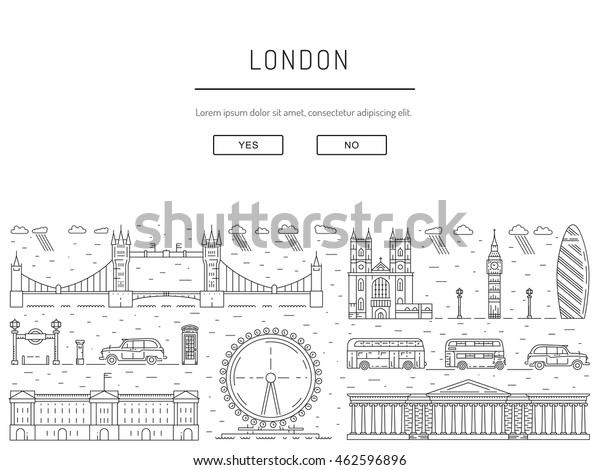 Historical and modern
symbols of London and British culture, London tamplate.  Public
transport London buses, cabs, subway. Tourist places of London as
the capital of the
UK