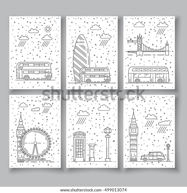 Historical and modern\
symbols of London and British culture. Vector outline illustration\
for book cover or\
card