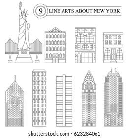 Historical and modern symbols of New York and American culture.The set of buildings, towers and The Statue of Liberty. Line style.