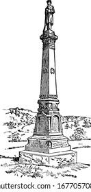 A historical monument built in the memory of soldiers died in the battle of Gettysburg. A statue of soldier is visible on the top of the Monument, vintage line drawing or engraving illustration.