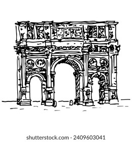 Historical monument. Hand drawn linear doodle rough sketch. Black and white silhouette.