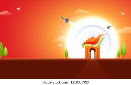 Historical Monument India Gate on cloudy nature background for National festival celebration.