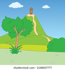 historical monument on a hill near the road, landscape, cartoon picture