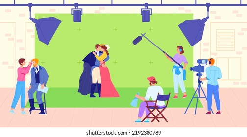 Historical Movie. Filmmaking Medieval Film Adaptation, Actor Role In History Romantic Scene Love Drama, Hollywood Cinema Production Studio Video Concept, Swanky Vector Illustration Of Filmmaker