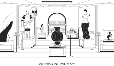 Historical museum black and white line illustration. Ancient statues, knight armor, amphora 2D interior monochrome background. Tourist attraction. Historic artifacts outline scene vector image