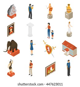 Historical museum building ancient exhibits paintings and visitors isometric icons collection with mammoth abstract isolated vector illustration 