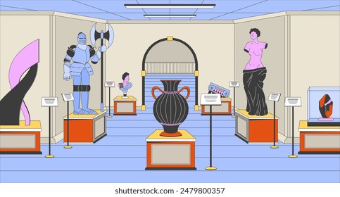 Historical museum cartoon flat illustration. Ancient statues, knight armor, amphora 2D line interior colorful background. Tourist attraction. Historic artifacts scene vector storytelling image