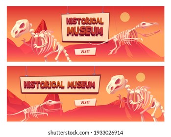 Historical museum cartoon web banner with dinosaur skeletons and visit button. Educational prehistory online portal, paleontology studying, virtual exhibition or ticket booking service vector template