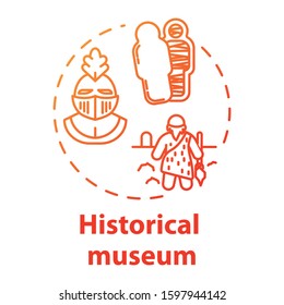 Historical museum concept icon. Paleontology and anthropology. Ancient archeological artifact. Sarcophagus, helmet. Cultural exhibition idea thin line illustration. Vector isolated outline drawing